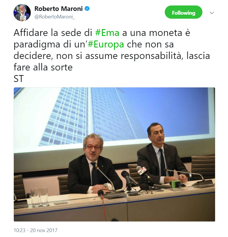 commento Maroni su sorteggio EMA